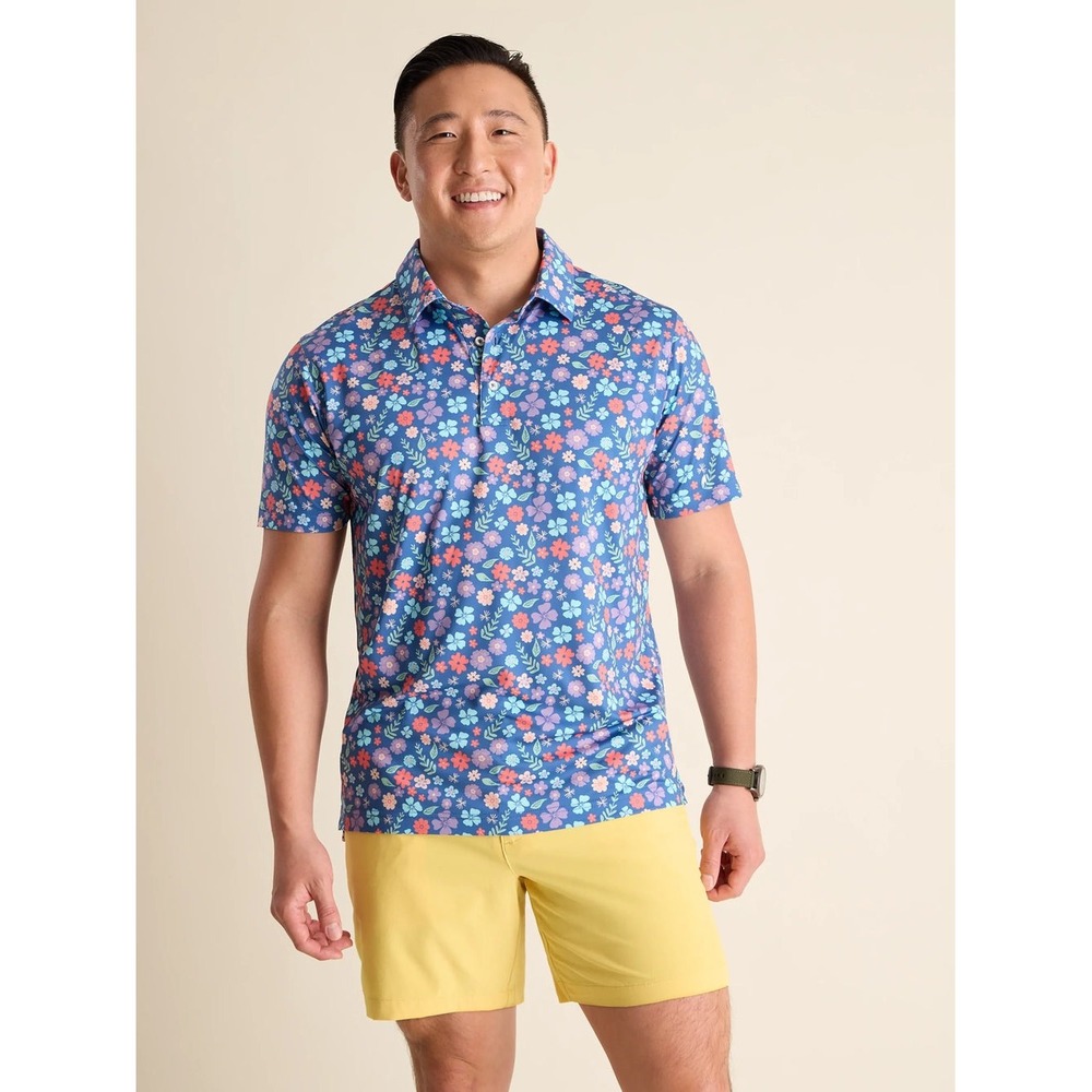 Chubbies The Spring Pedal Performance Polo 2.0 Dusty Blue‎ Floral Small Golf NWT